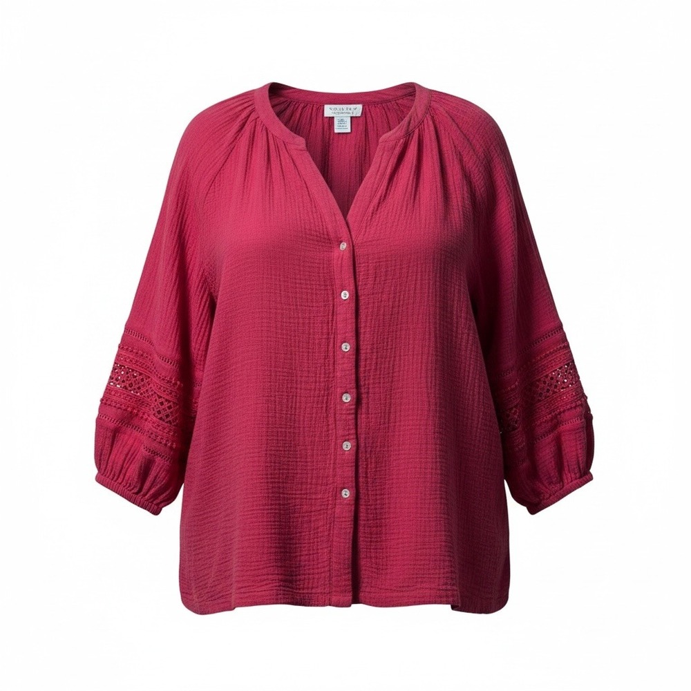 Calypso St Barth Blouse Womens 3X Pink Gauze Lace Sleeve Boho Coastal Peasant